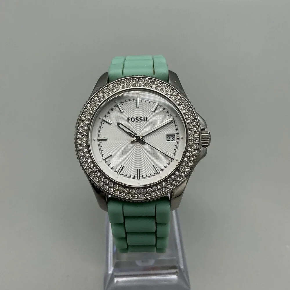 Fossil AM4464 Womens Watch 37mm White Dial Green Silicone Crystals Date New Batt